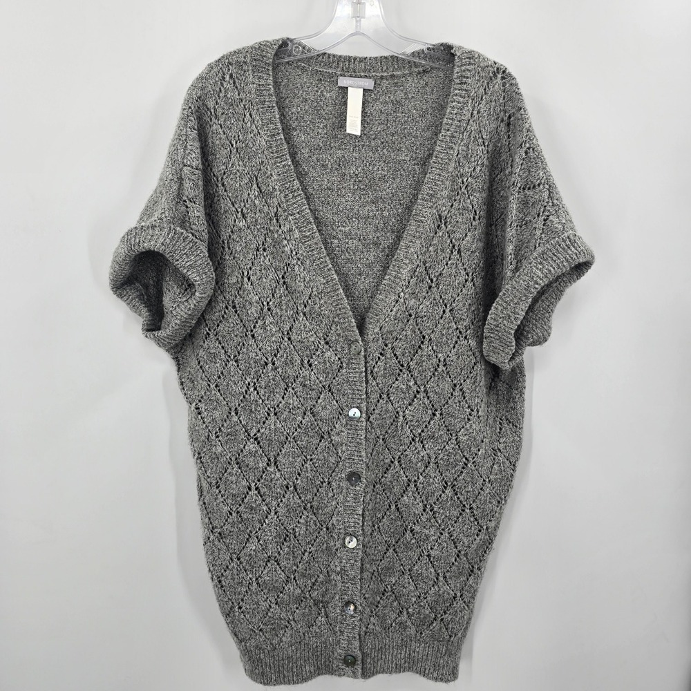 Nordstrom Womens Grey Metallic Diamond Knit Short Sleeve Cardigan Sweater OS